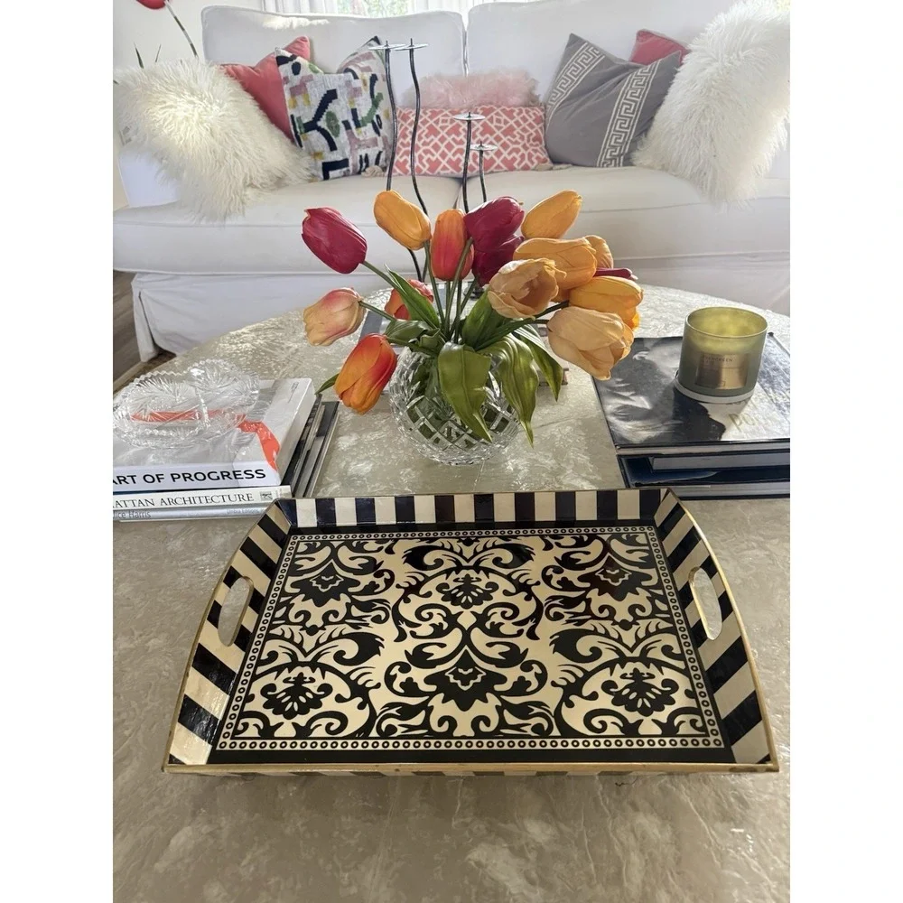 Michel Design Works Black Cream Damask Serving Tray Striped‎ Handles 20